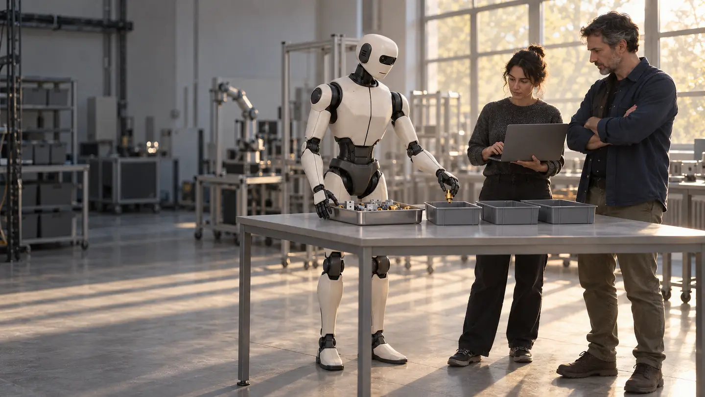 Por la mañana, en un laboratorio universitario, un robot humanoide clasifica piezas pequeñas en cubetas sobre una mesa mientras una investigadora con un portátil y un investigador de brazos cruzados lo observan.